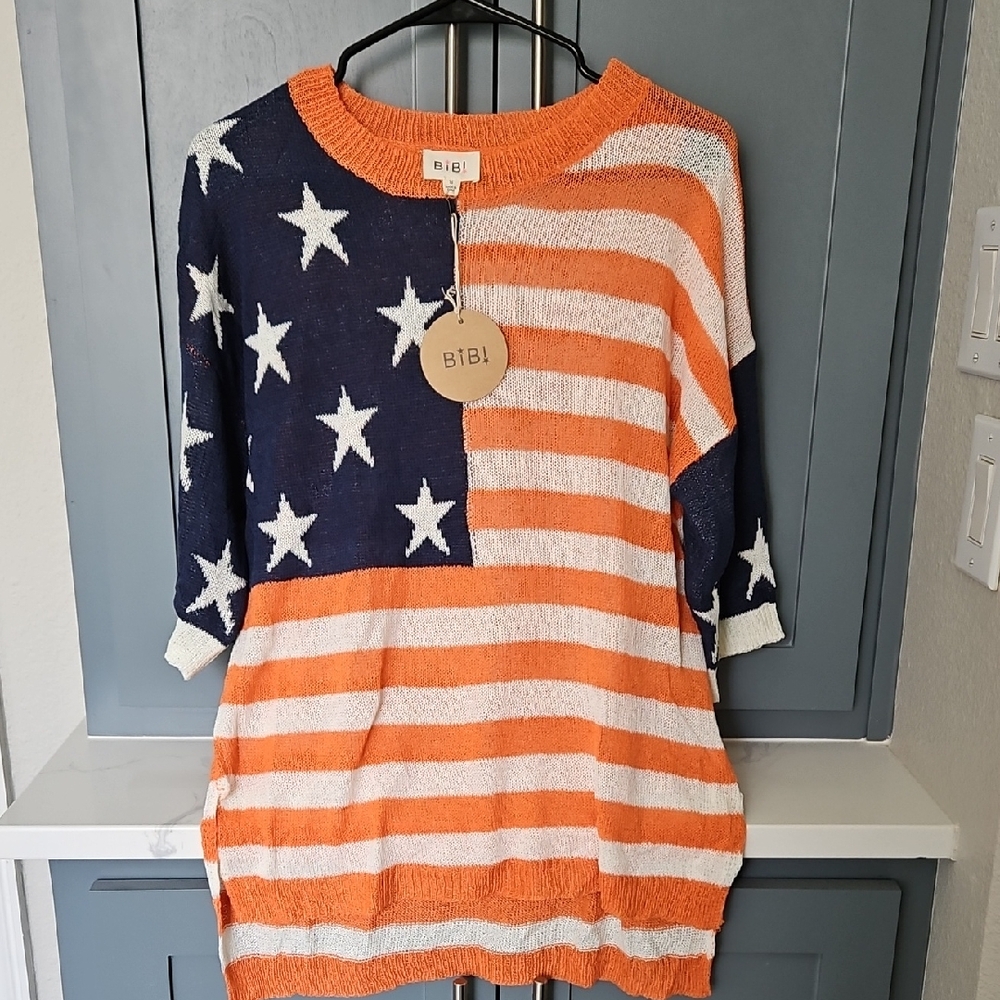 Bibi Womens Star and Stripe Sweater - Orange and Blue